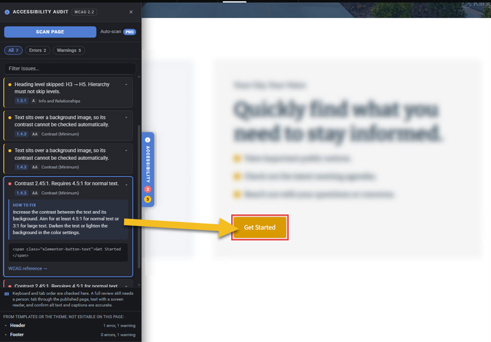 ComplyClear's accessibility audit panel in the WordPress editor