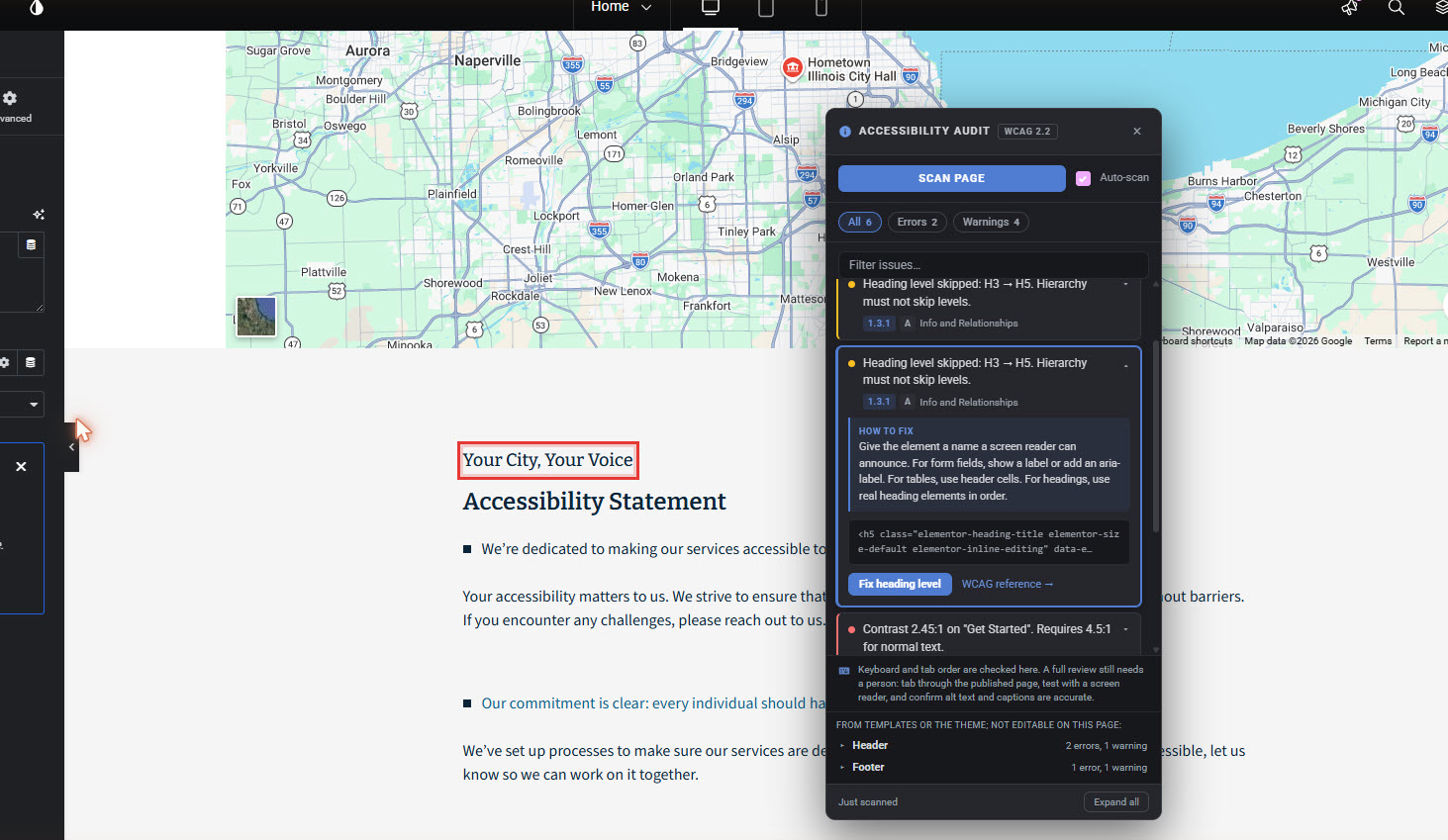 ComplyClear's floating accessibility panel in the Elementor editor, with a flagged heading located on the page and a one-click Fix heading level button