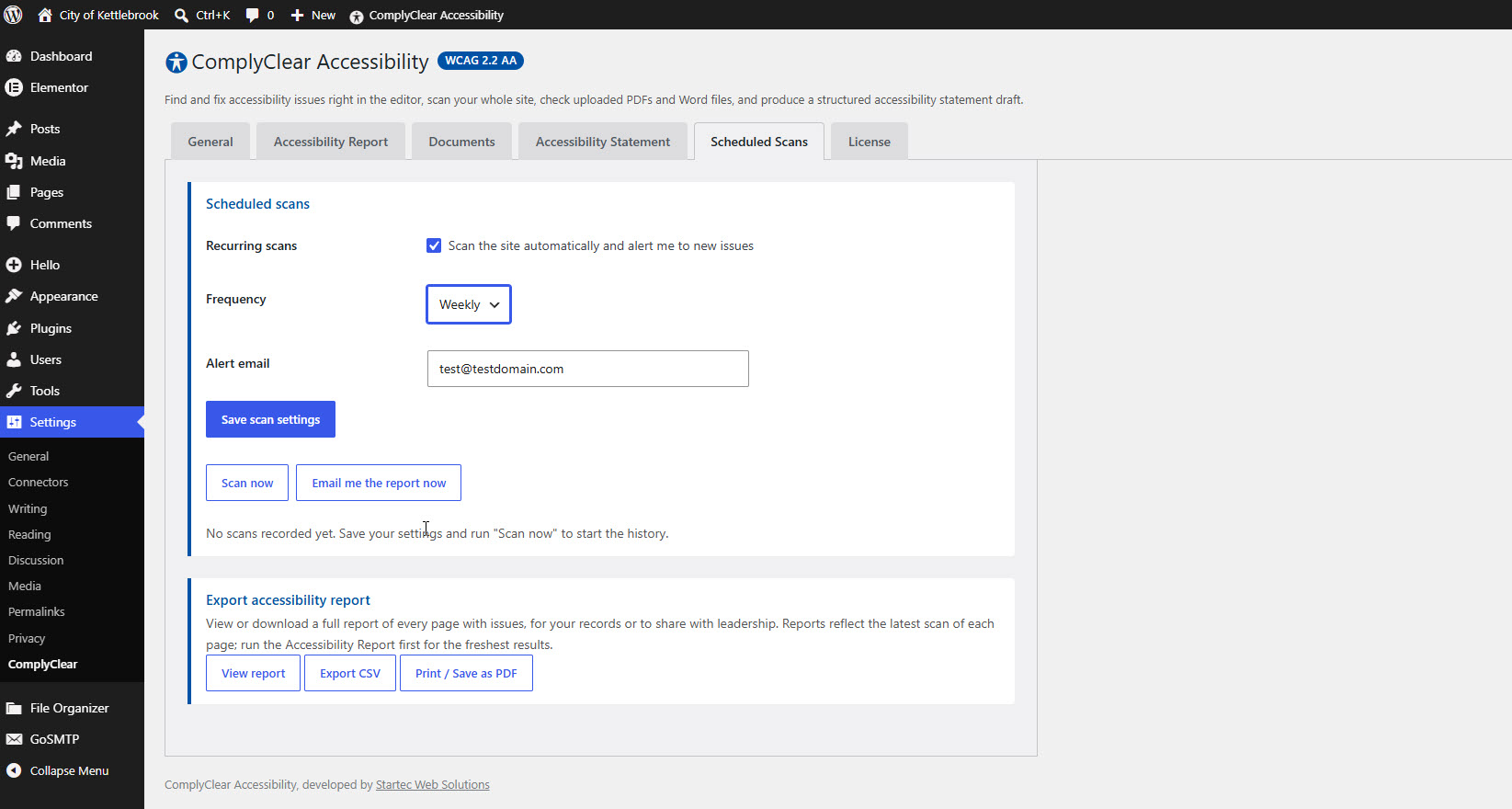 ComplyClear's Scheduled Scans dashboard: recurring scan schedule, alert email, scan history, and CSV or PDF report export